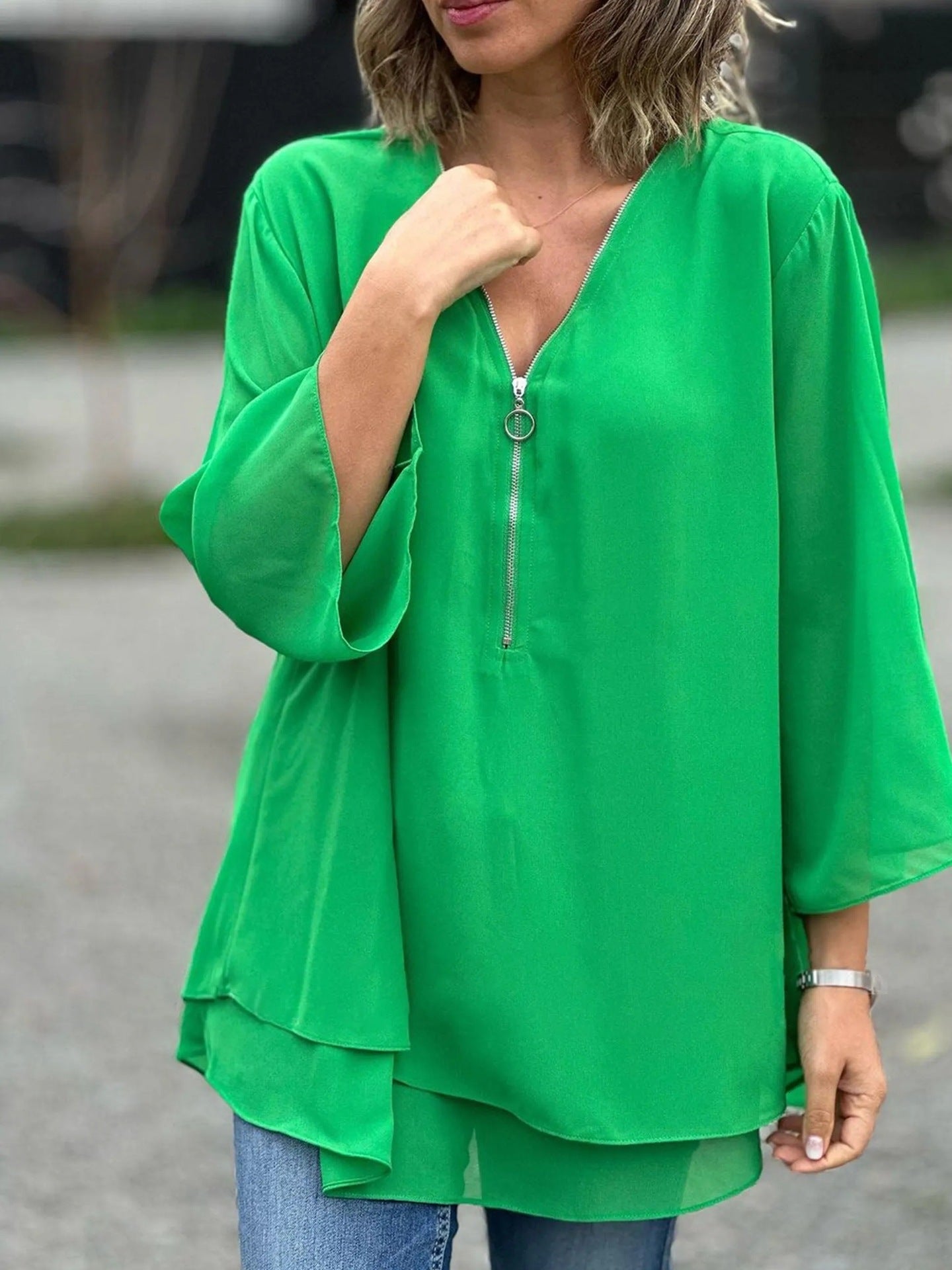 LuxeFlow Zip Chiffon Blouse