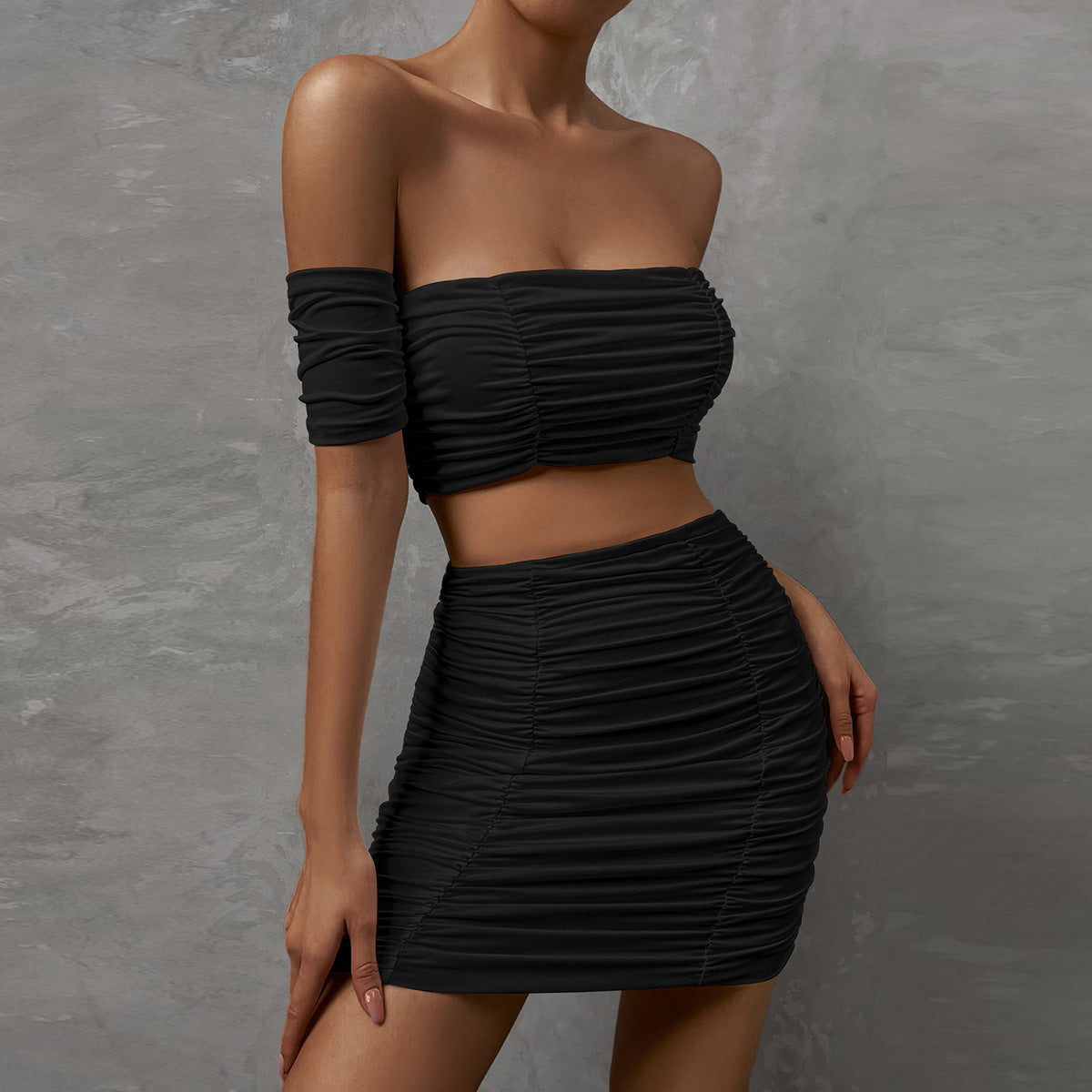 Elara Off-Shoulder Pleated Skirt Set