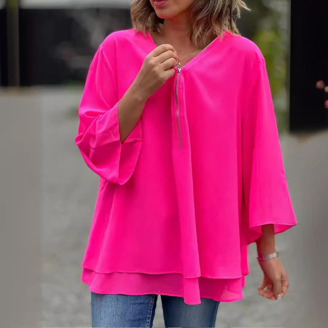 LuxeFlow Zip Chiffon Blouse