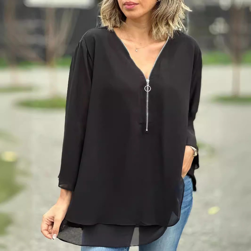 LuxeFlow Zip Chiffon Blouse