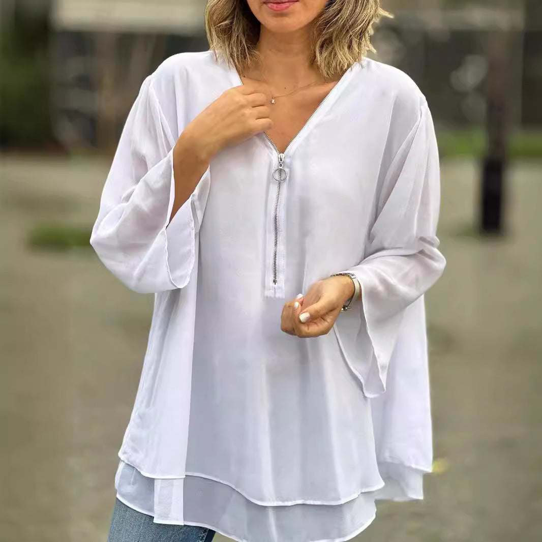 LuxeFlow Zip Chiffon Blouse
