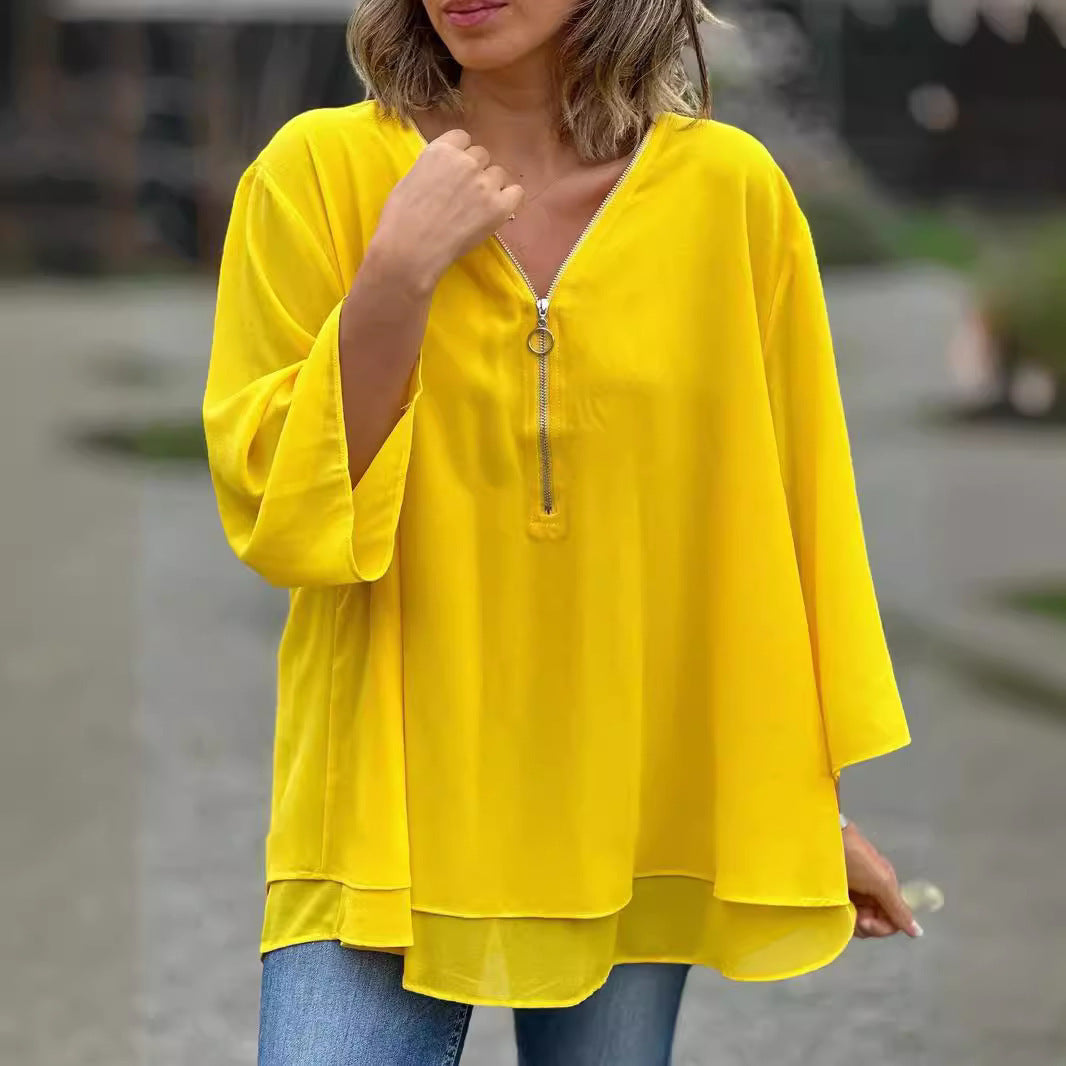 LuxeFlow Zip Chiffon Blouse